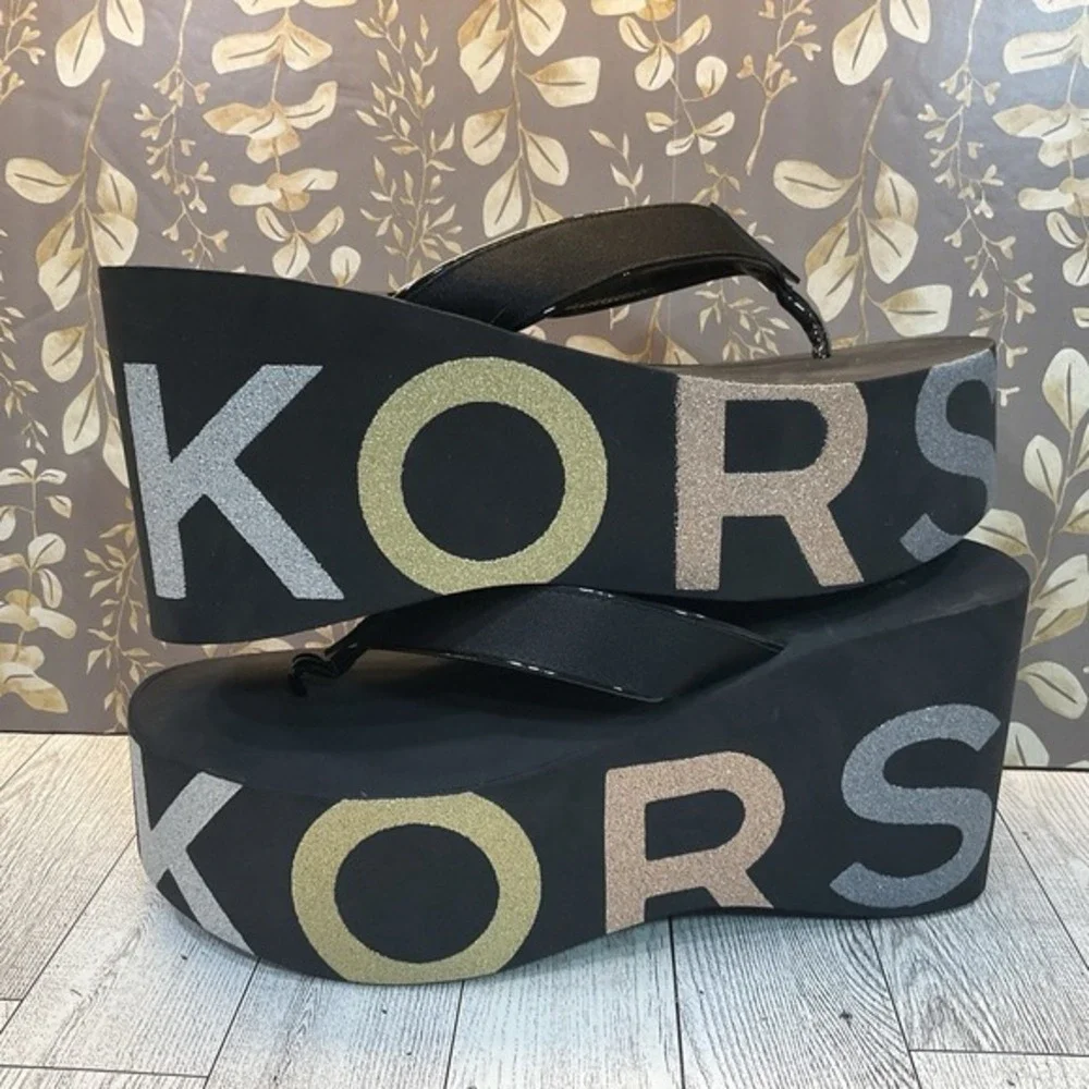 Runway MICHAEL KORS Flocked‎ Eva Sole Sz 8 Black Platform Sandal Retail $160 - Picture 6 of 9